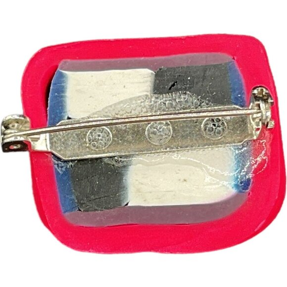 Handmade Checkered Polymer Clay Pin Brooch With Red Border - Picture 2 of 4